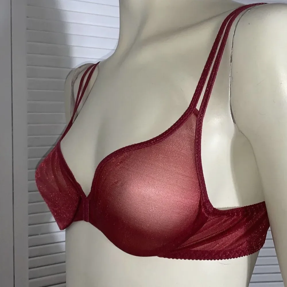VICTORIA'S SECRET Vintage‎ 1997 Sheer Unpadded Bra Underwire Red Shimmer 34B
